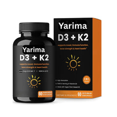 Yarima Vitamin D3 + K2 bottle highlighting vegan formula for bone support