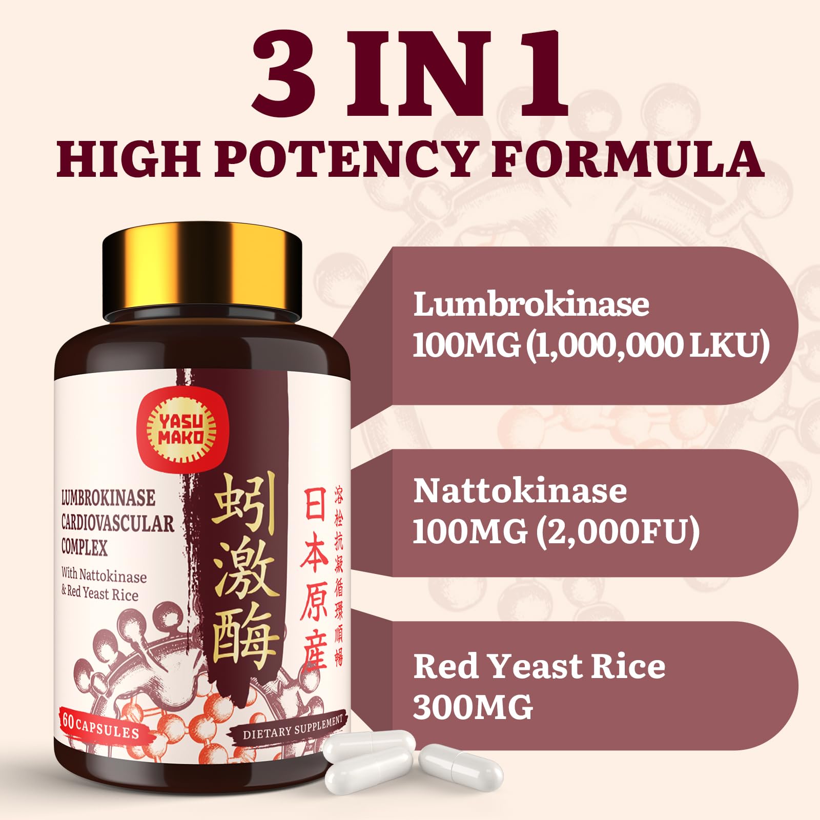 Yasumako red yeast rice tablets shown with label and dosage details.