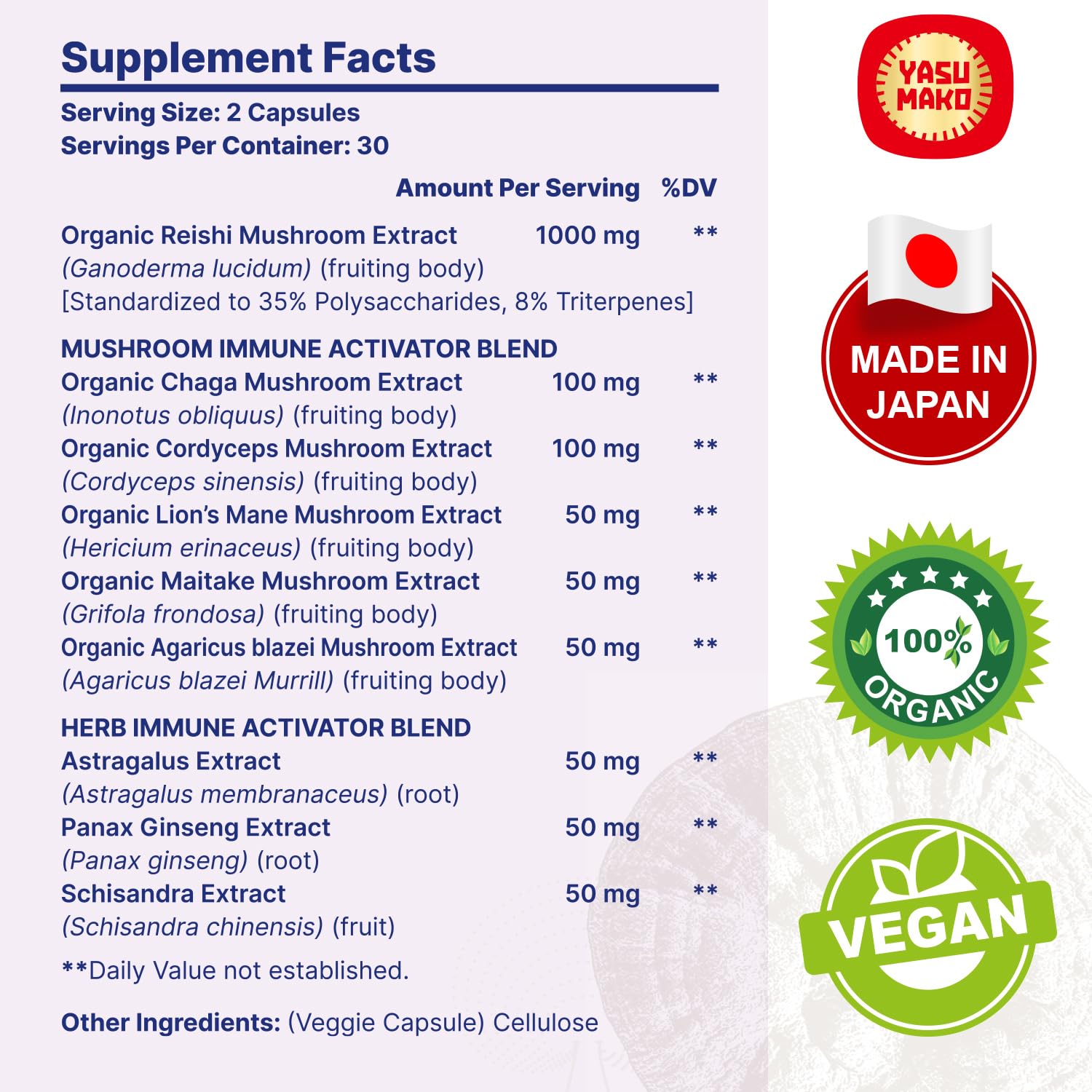Yasumako reishi capsules close-up, vegan organic supplement