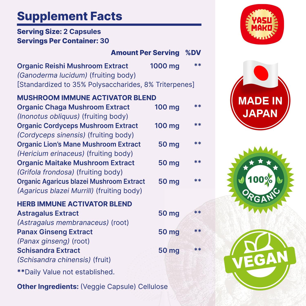 Yasumako reishi capsules close-up, vegan organic supplement