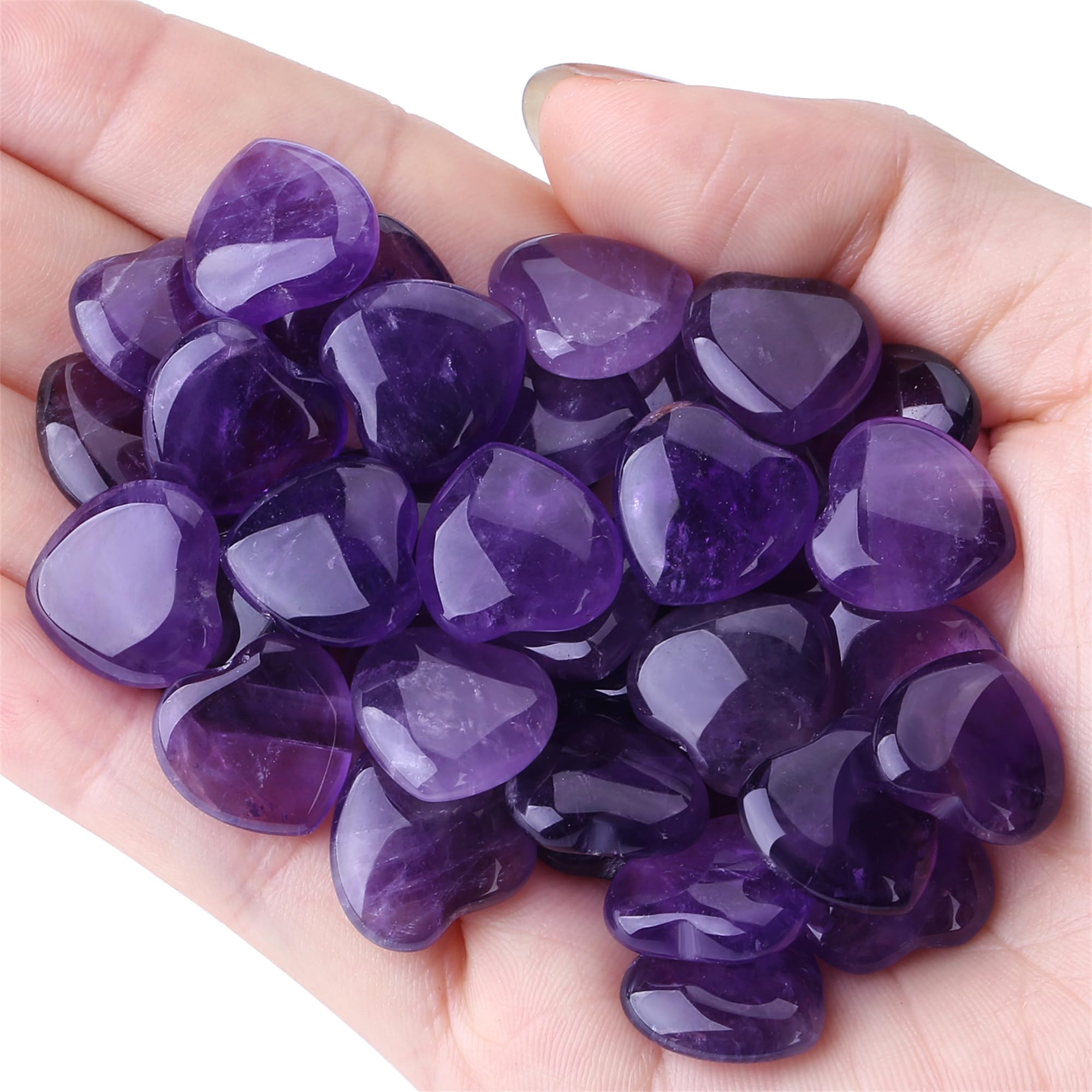 YATOJUZI polished amethyst hearts; wearable option to carry calm energy.