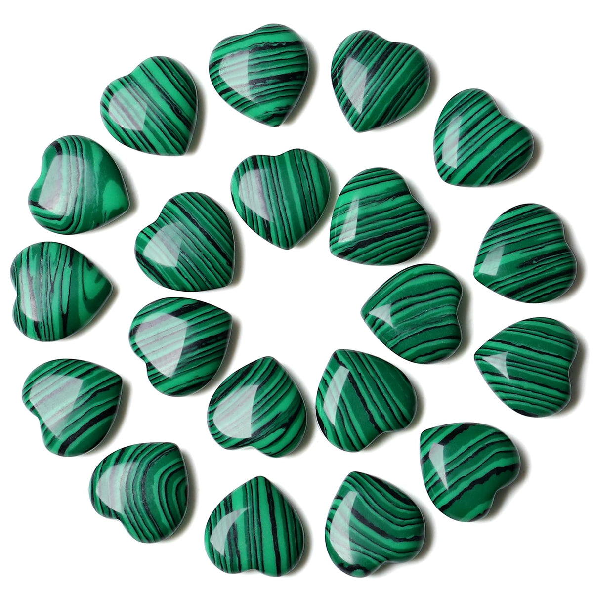 YATOJUZI malachite heart closeup highlighting rich green bands for emotional balance.