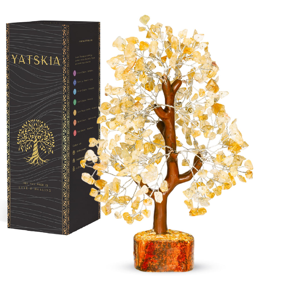 YATSKIA Citrine Crystal Tree bonsai on a desk, enhancing mood and decor.