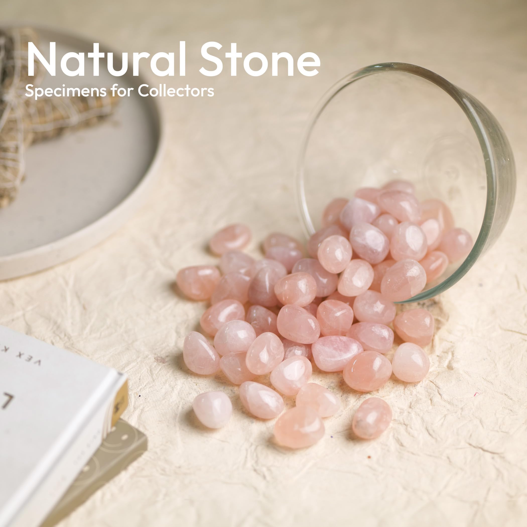 YATSKIA rose quartz tumbled stones highlighting soothing pink energy for meditation.