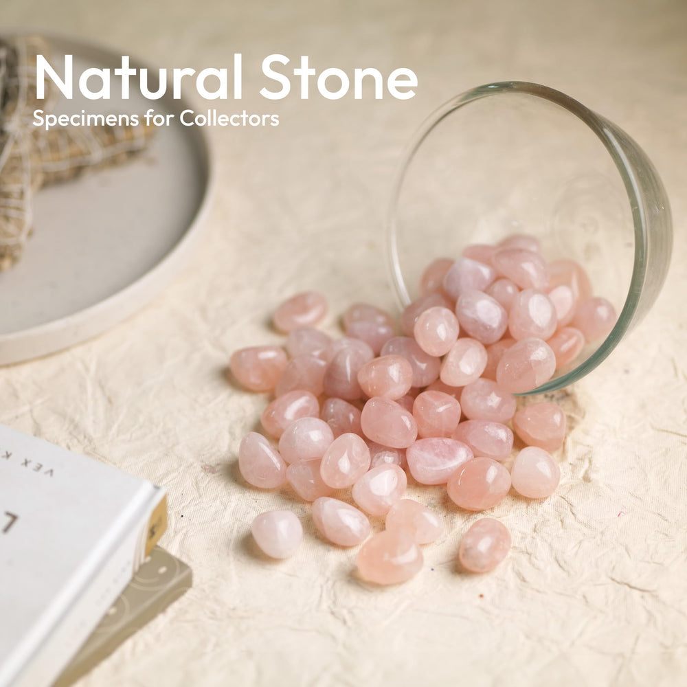 YATSKIA rose quartz tumbled stones highlighting soothing pink energy for meditation.