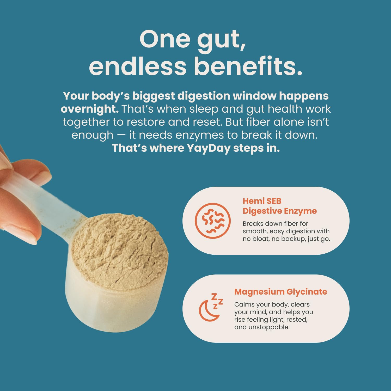 YayDay enzyme blend label highlights HemiSEB supporting comfortable digestion.