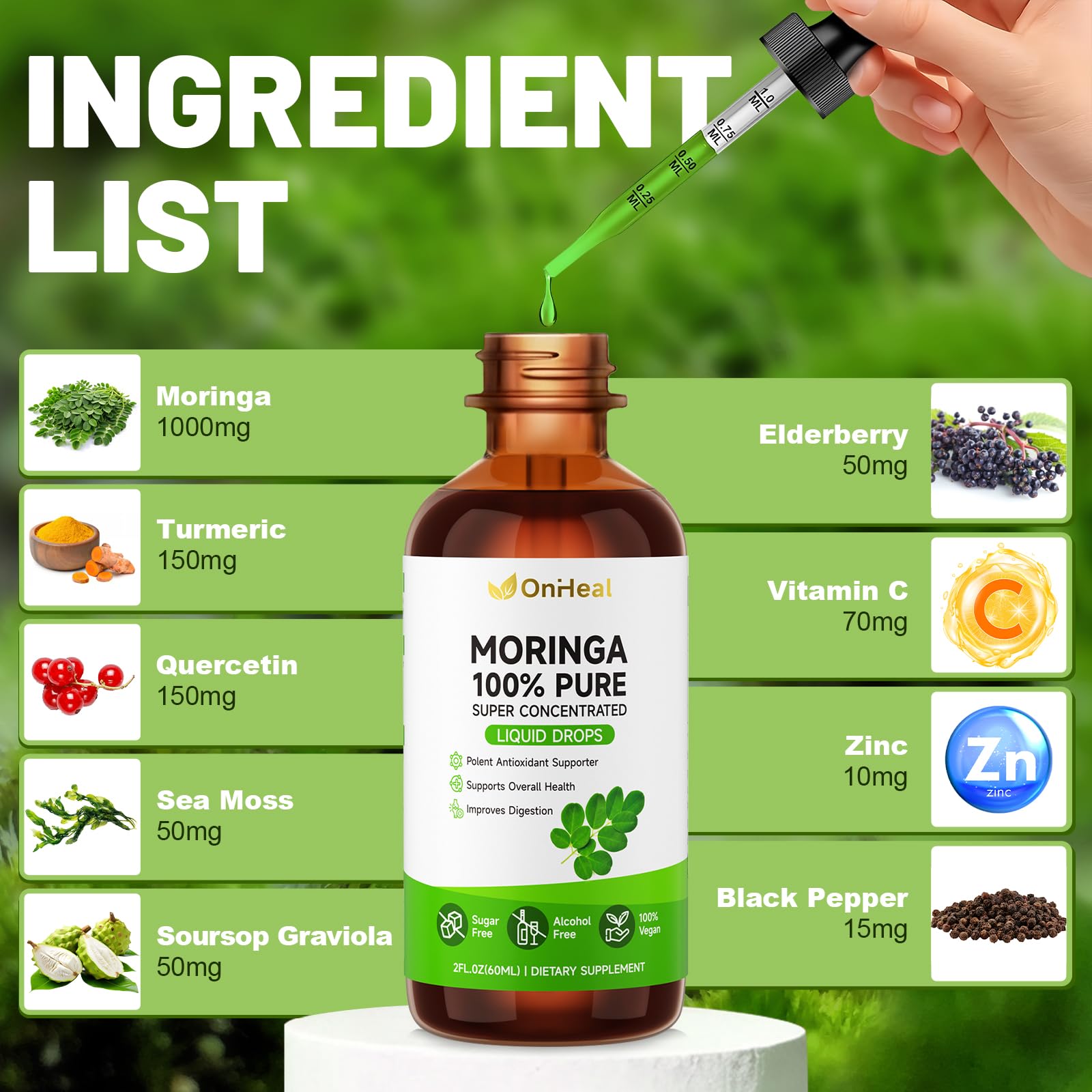 YBFQ Pure Moringa Drops dropper releasing clear green liquid