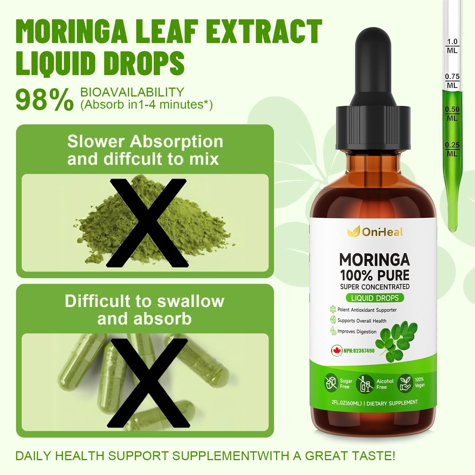 YBFQ Pure Moringa Drops energizing glow in a glass