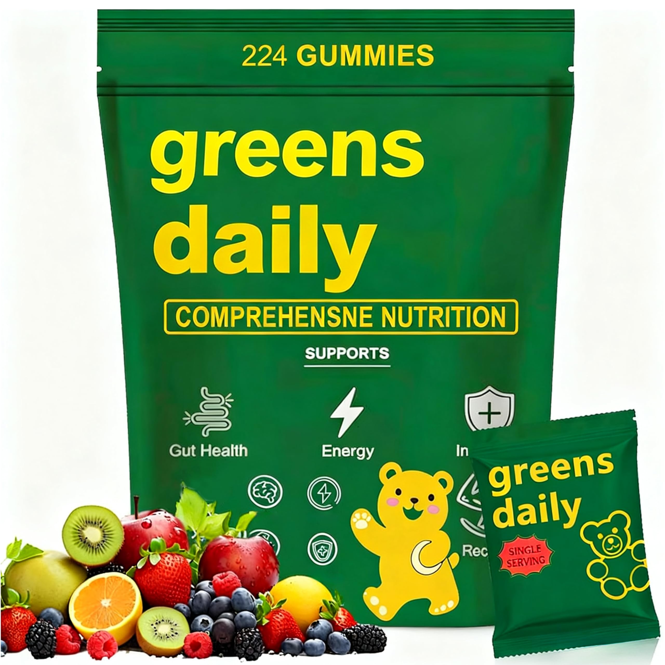 Ydesalen Greens Gummies bottle shows daily nutrition with greens and fiber.