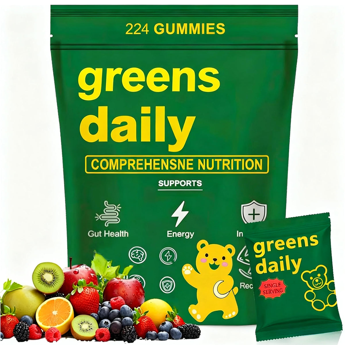 Ydesalen Greens Gummies bottle shows daily nutrition with greens and fiber.