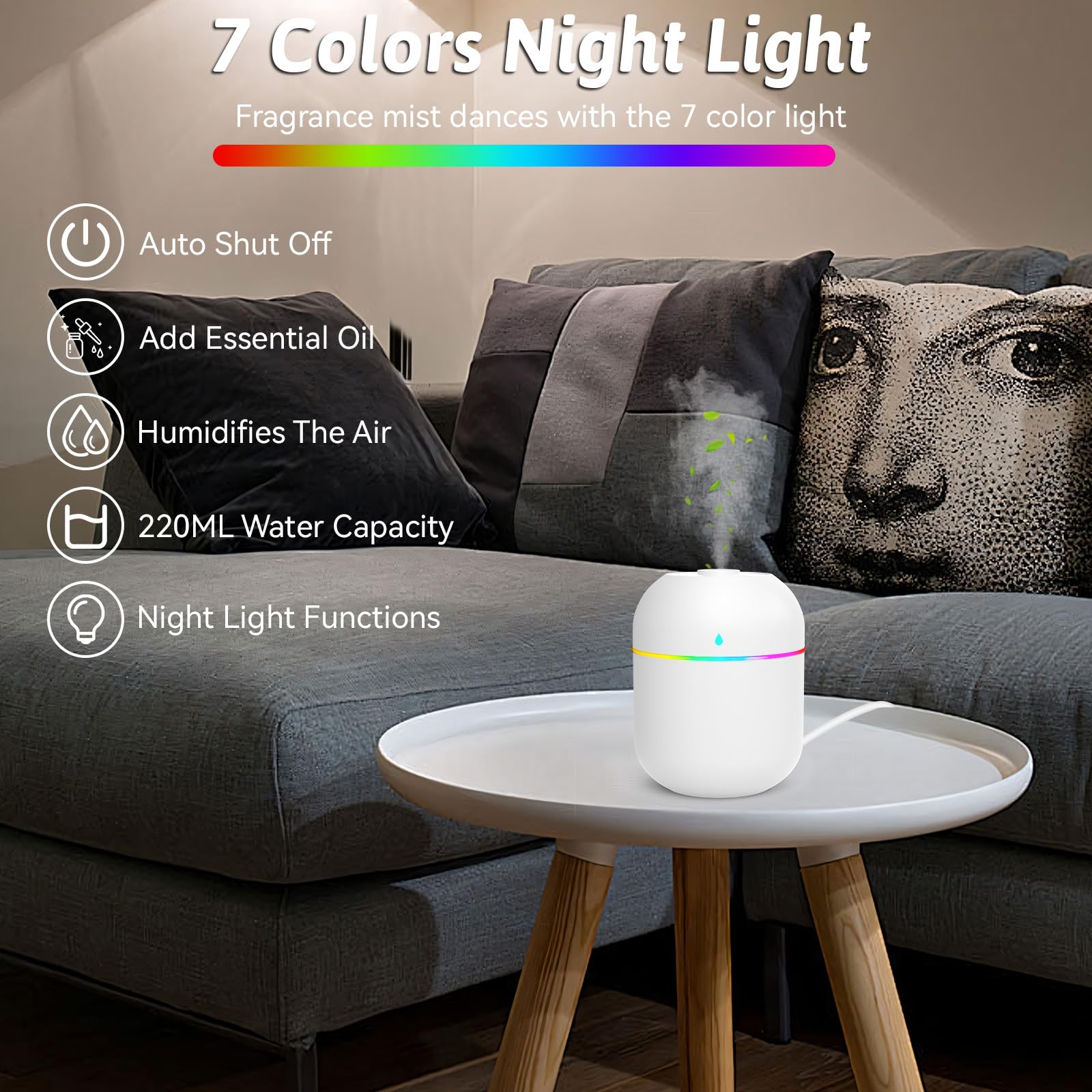 YDHZ mini diffuser night light cycles through colors for mood.