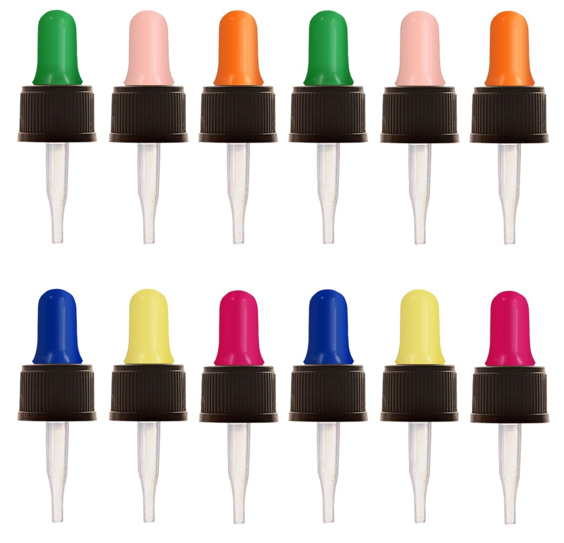 Year of Plenty multicolored glass eye droppers for 5ml bottles, precise dosing.