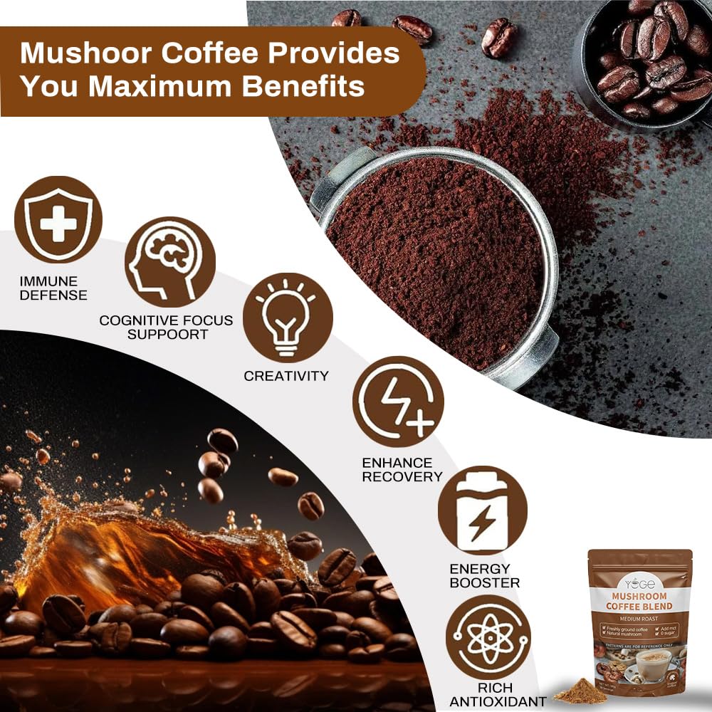 YEGE Mushroom Coffee blend shows visible mushrooms highlighting natural ingredients.