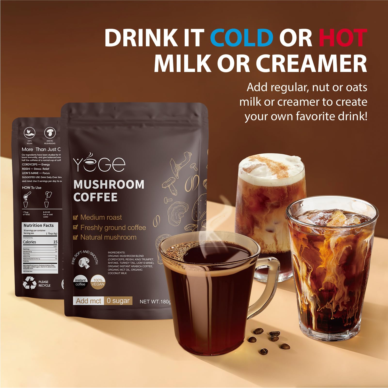 YEGE Mushroom Coffee with MCT oil delivers smooth texture and quick energy