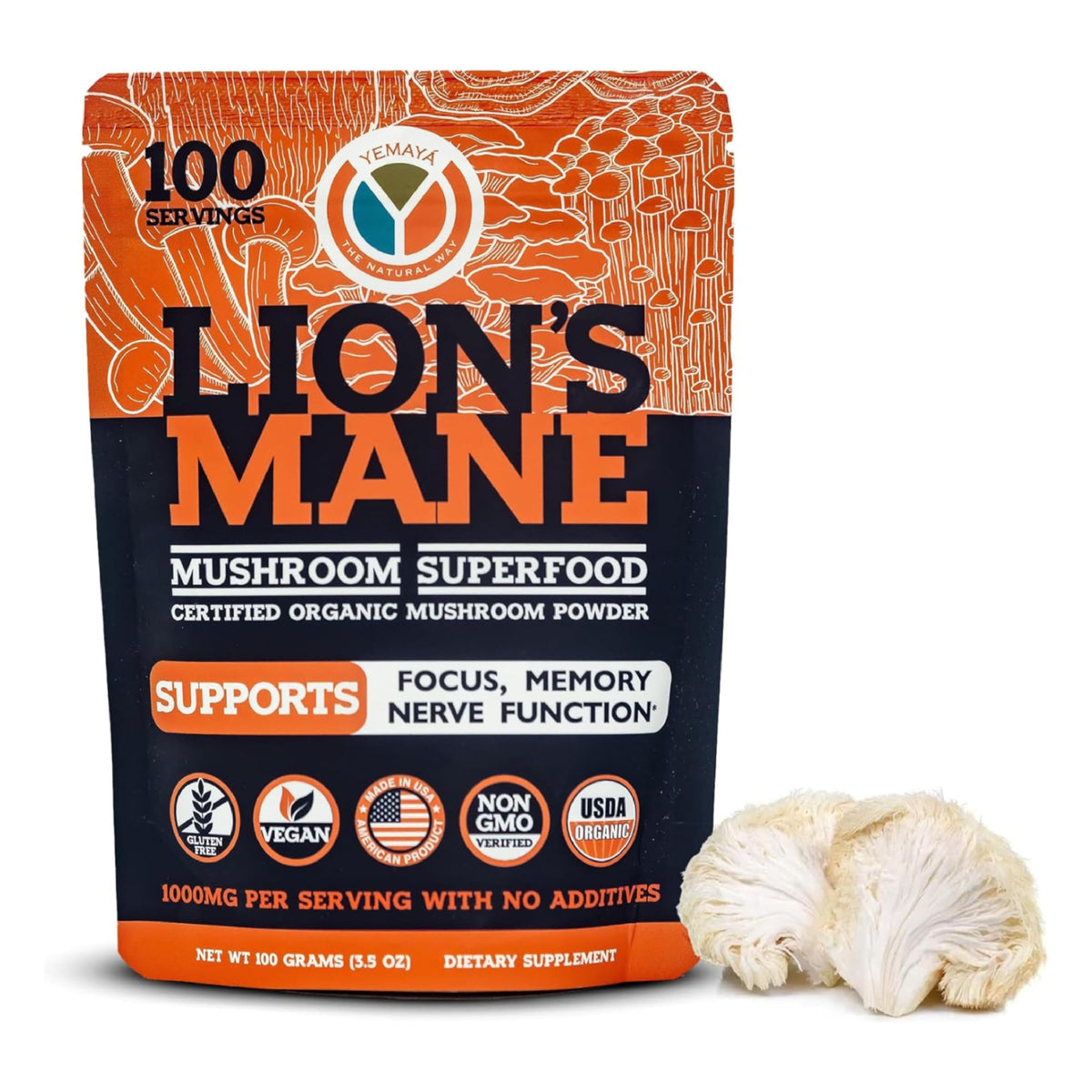 Yemayá Organic Lions Mane powder tub closeup for cognitive support.