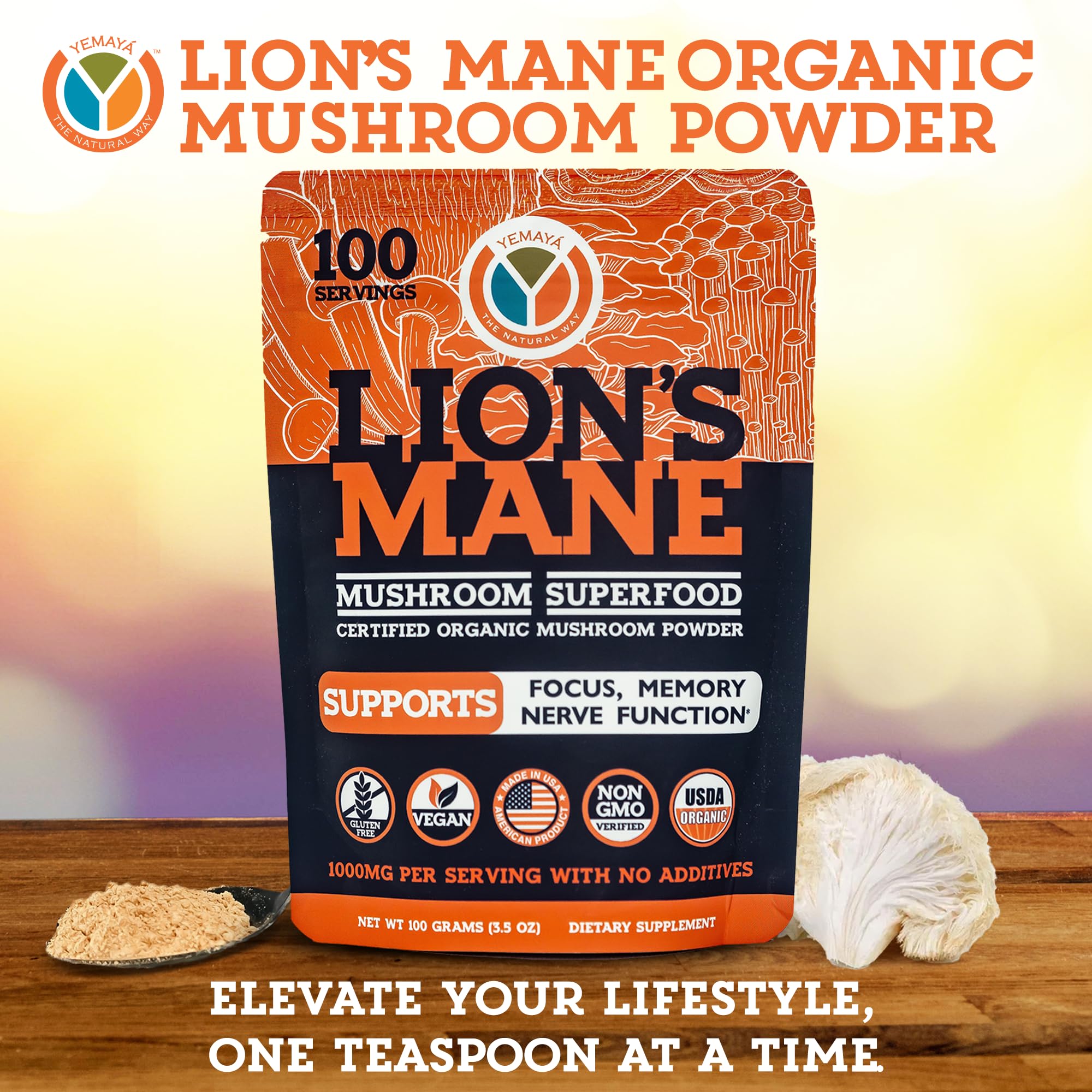 US-grown organic Lions Mane powder from Yemayá for cognitive support.