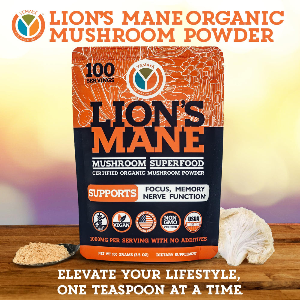 US-grown organic Lions Mane powder from Yemayá for cognitive support.