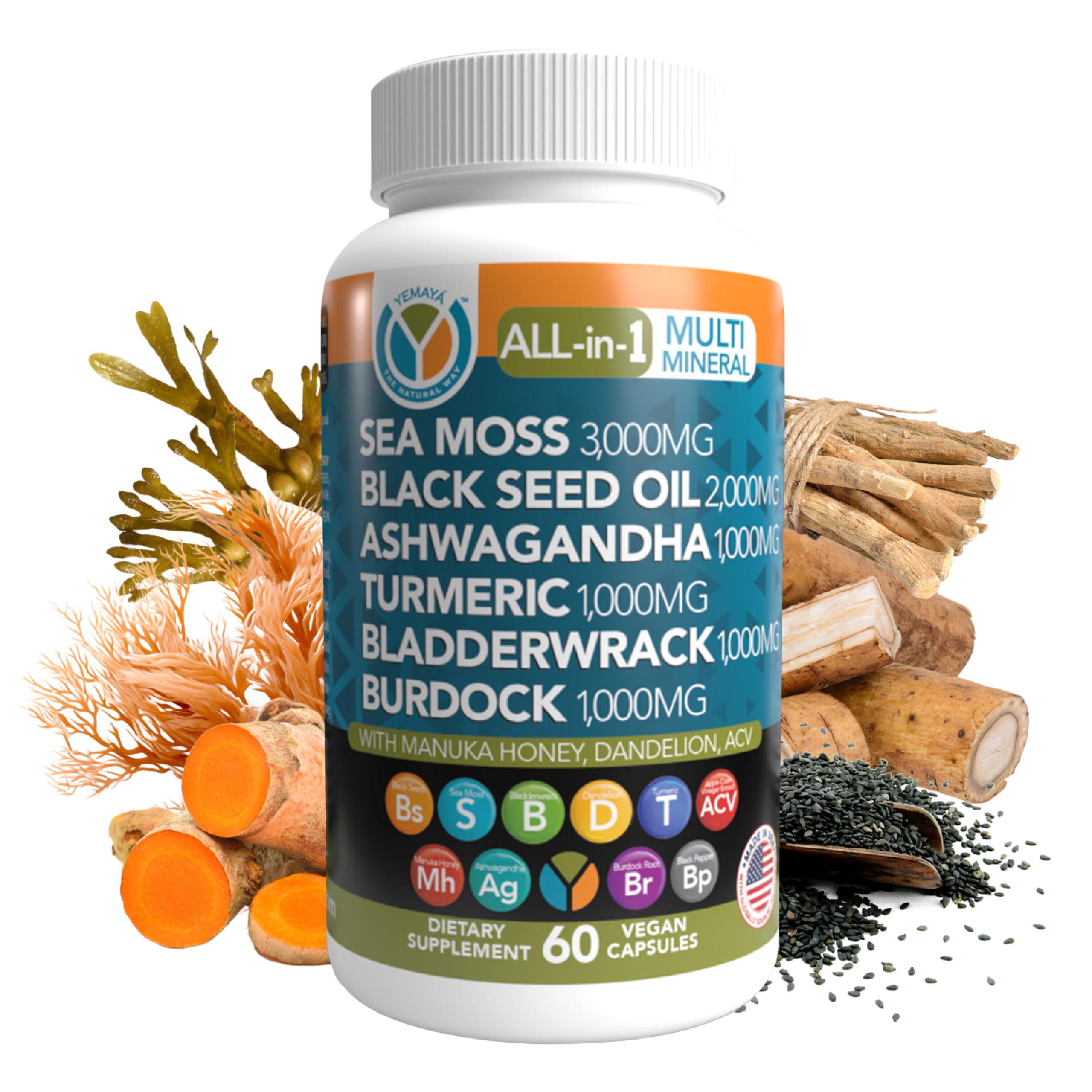 Yemaya Sea Moss 3000mg bottle promotes holistic wellness and lasting energy.
