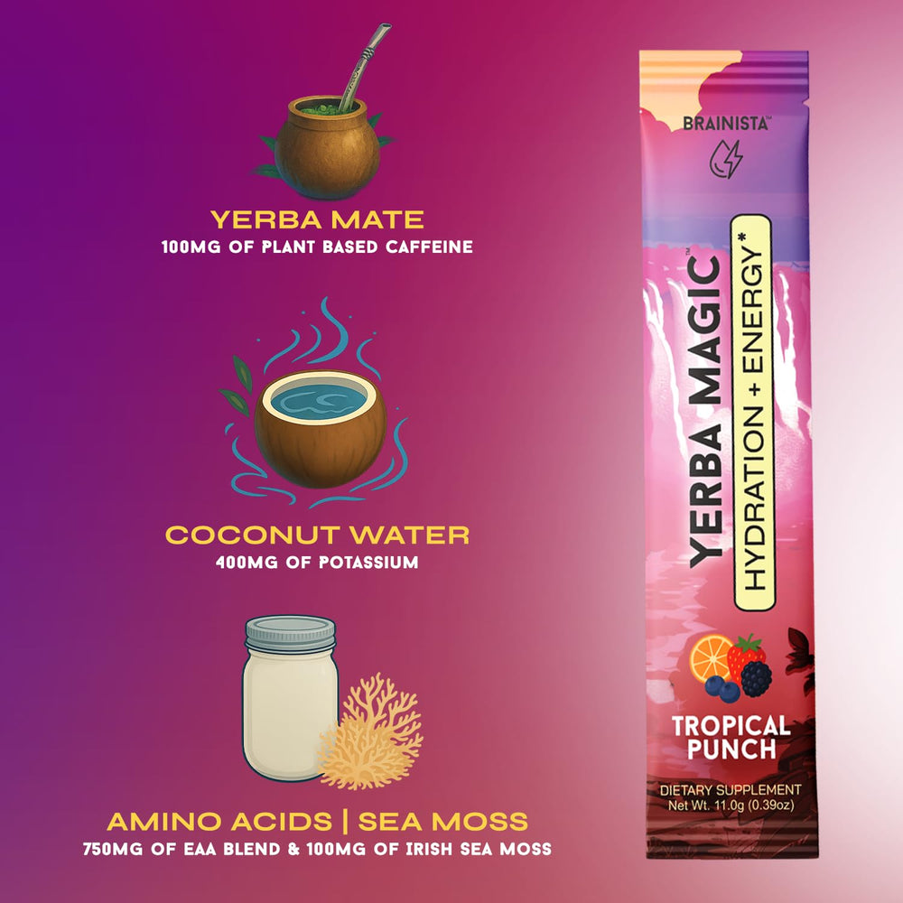 Compact box of Yerba Magic Hydration + Energy shown for travel and gym use