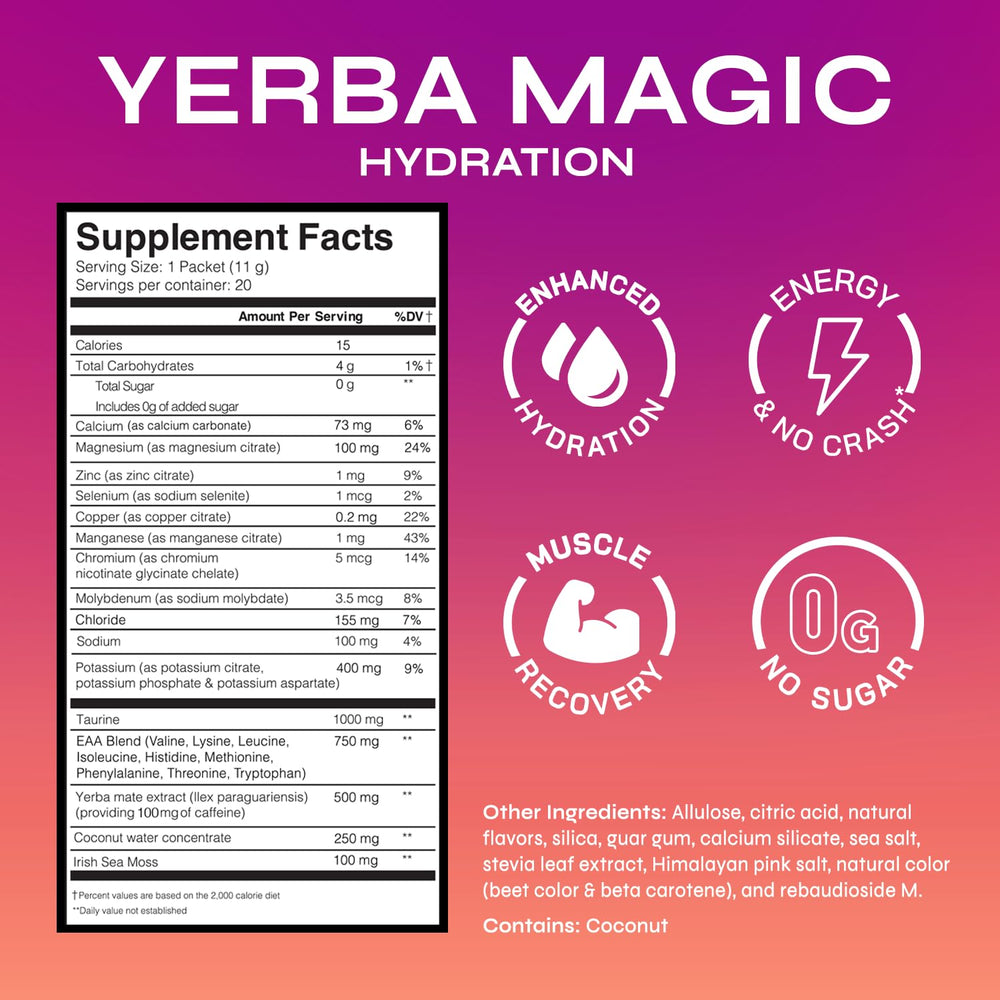 Yerba Magic stick-pack layout showing tropical punch for quick energy