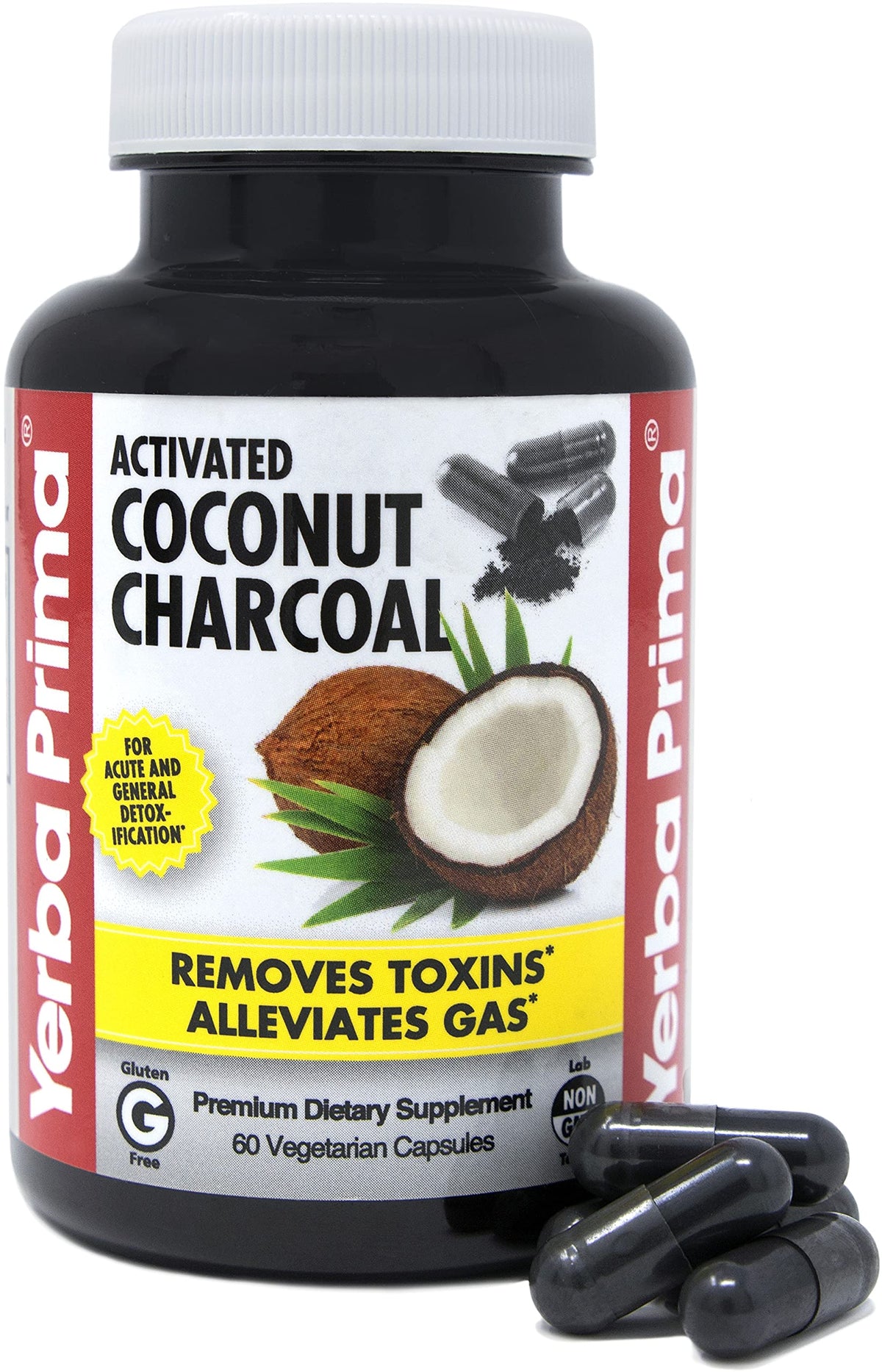 Yerba Prima Activated Coconut Charcoal bottle highlighting toxin binding for digestion.