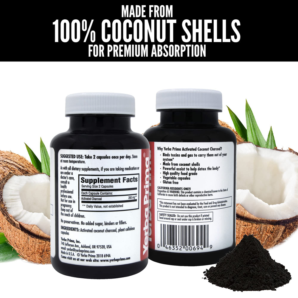 Box and bottle scene illustrating natural coconut-shell charcoal source.