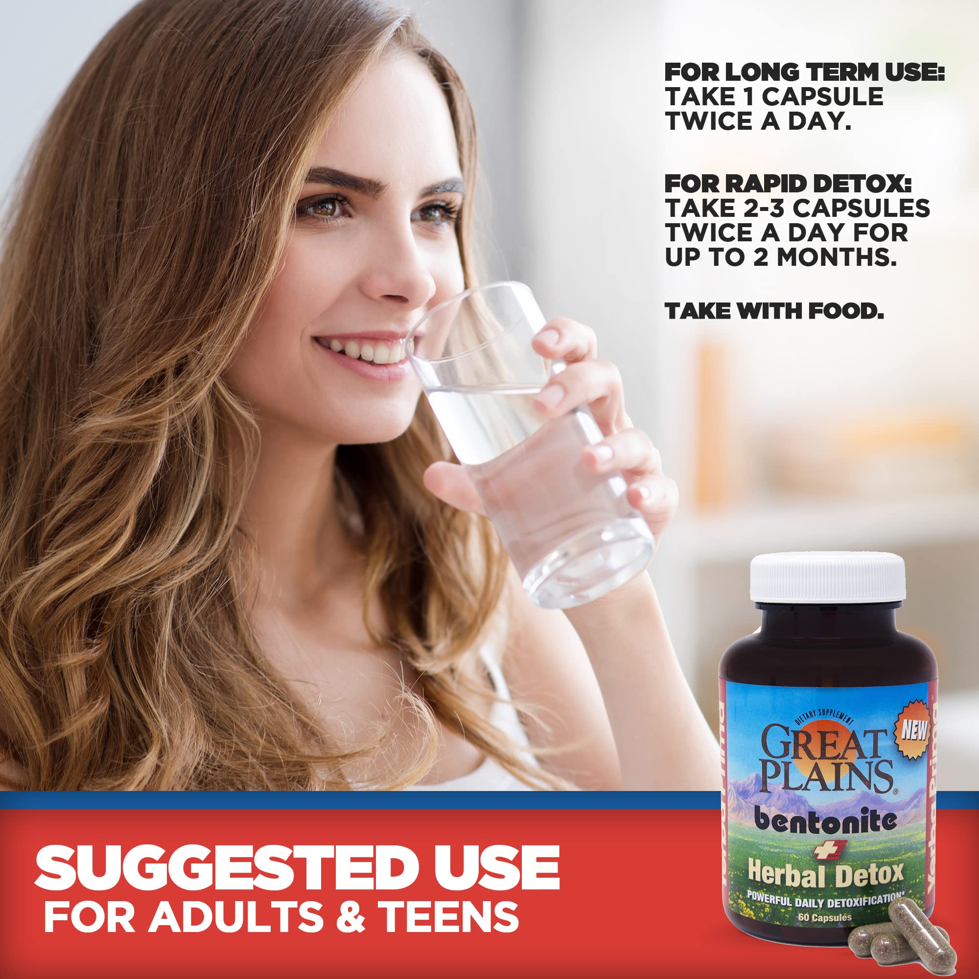 Yerba Prima Bentonite Clay Plus Herbal Detox capsules back view with dosage