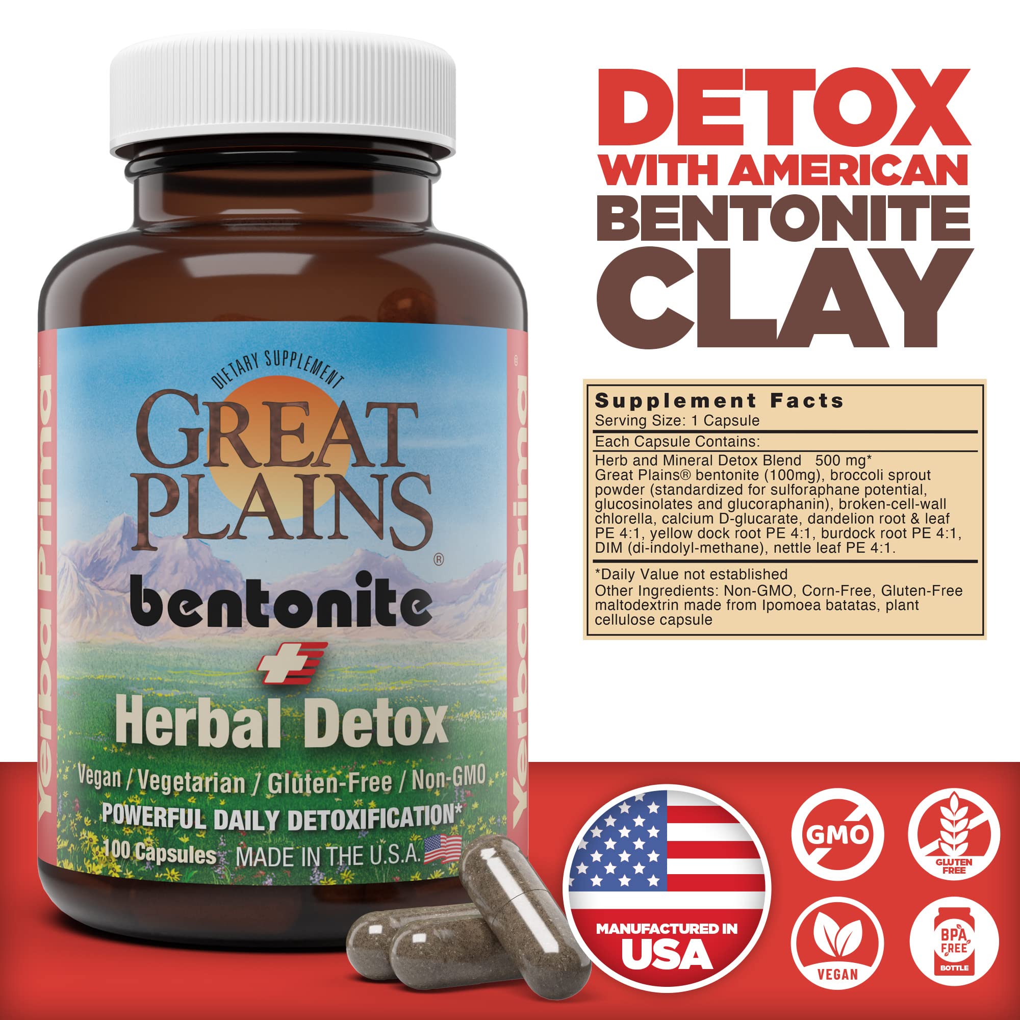 Front label shows Yerba Prima bentonite clay capsules for an at-home cleanse.