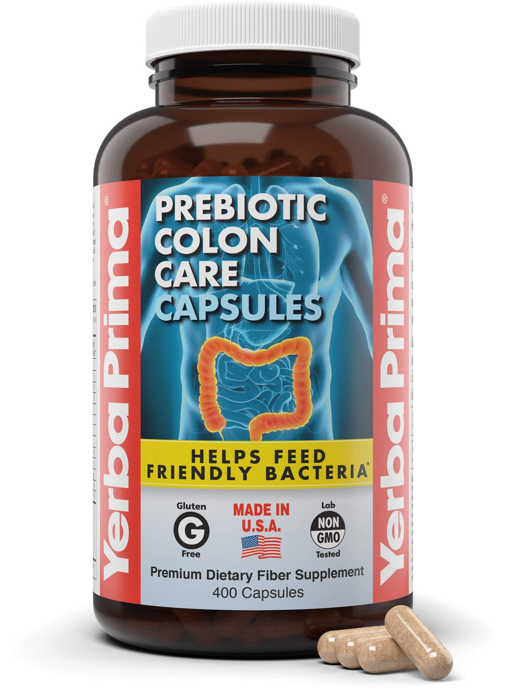 Yerba Prima Colon Care bottle showing five fiber types for digestive support.