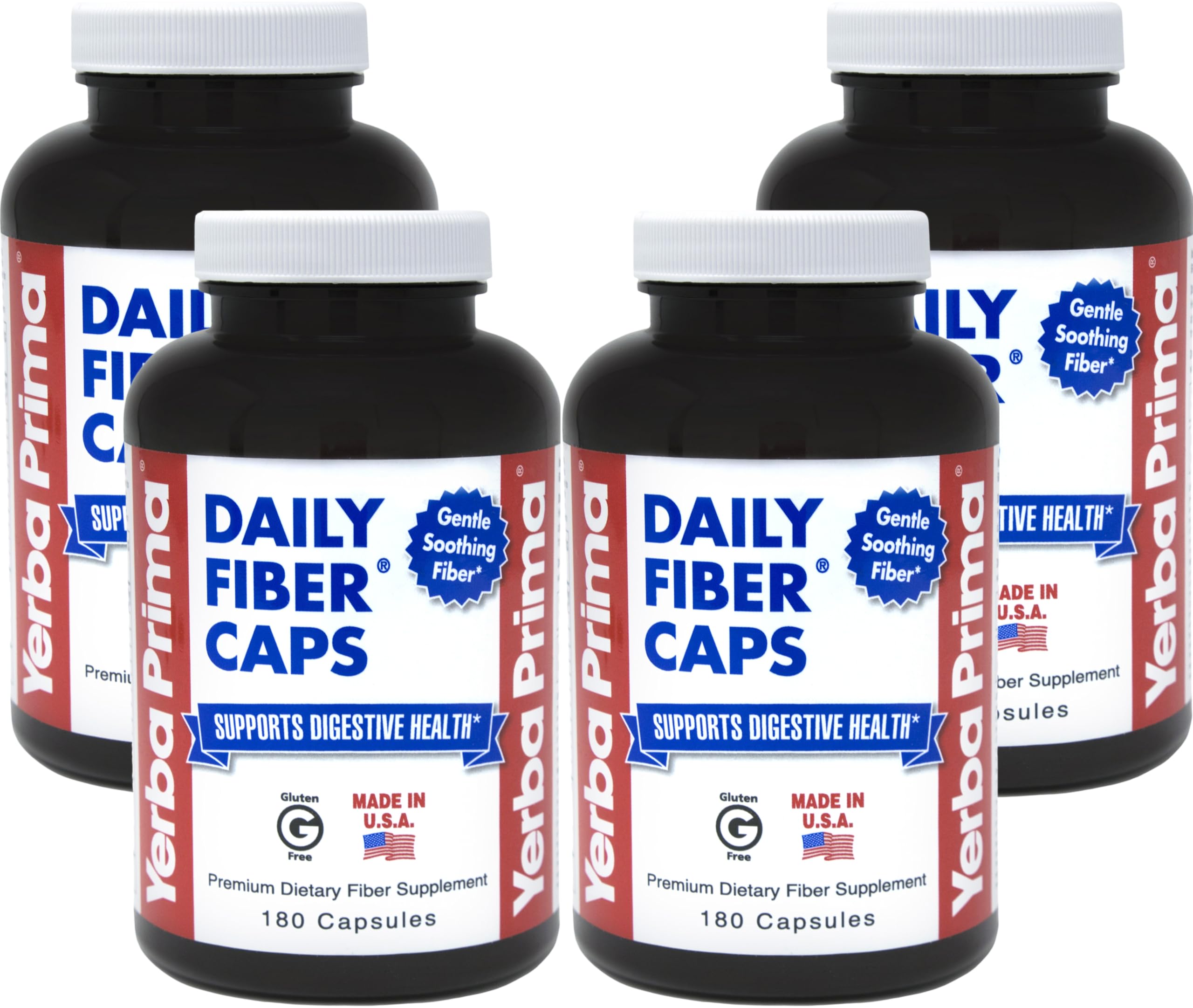 Yerba Prima Daily Fiber Caps bottle front promotes regularity with natural fiber blend.