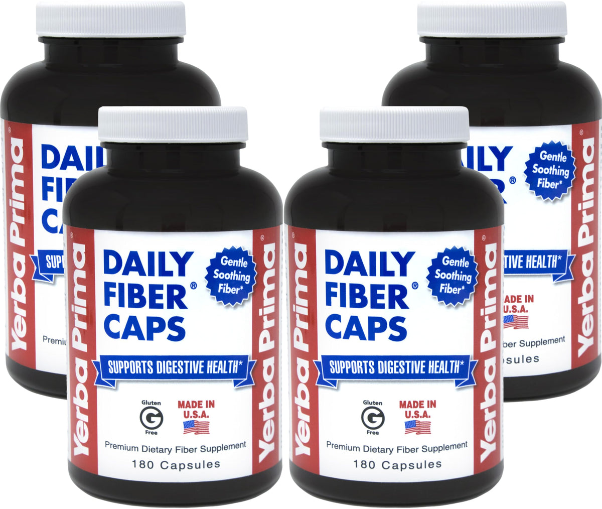 Yerba Prima Daily Fiber Caps bottle front promotes regularity with natural fiber blend.