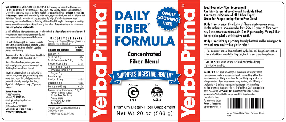 Yerba Prima Daily Fiber Formula bag open showing fine powder.
