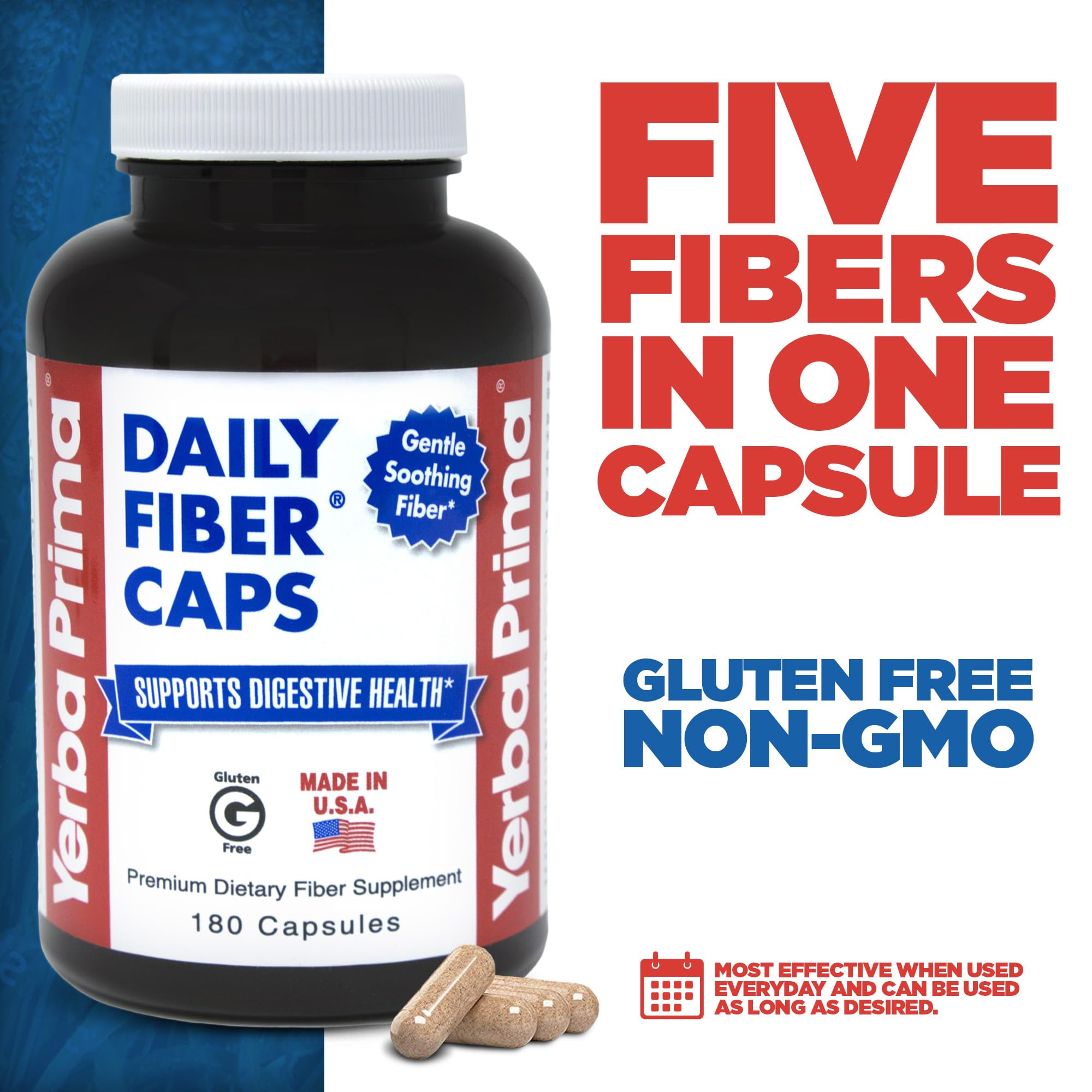 Close-up of Yerba Prima Daily Fiber Formula capsules for easy daily fiber intake