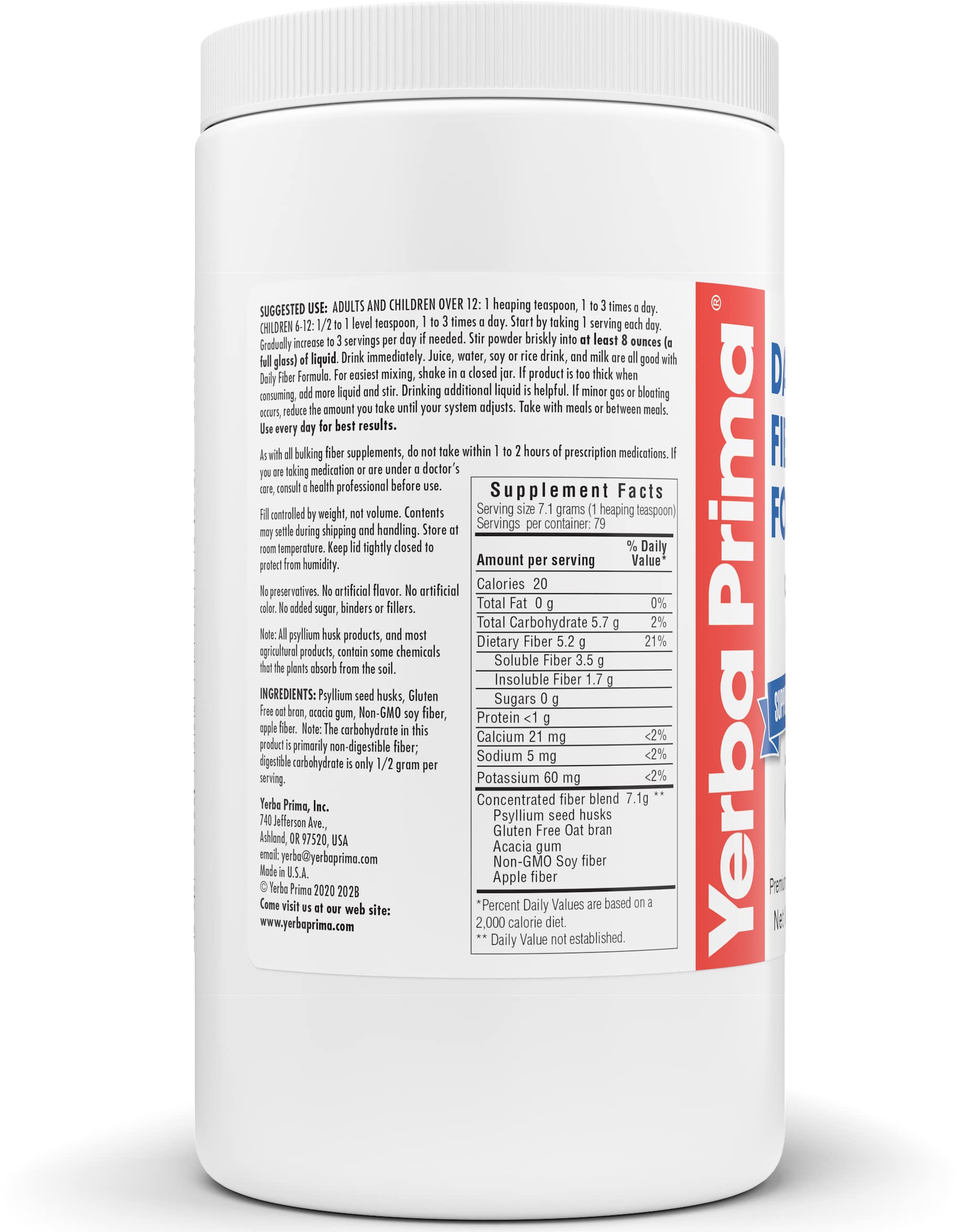 Yerba Prima Daily Fiber Formula container beside nutrition facts.