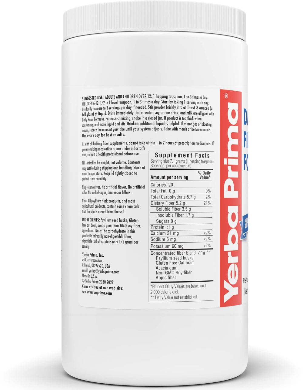 Yerba Prima Daily Fiber Formula container beside nutrition facts.