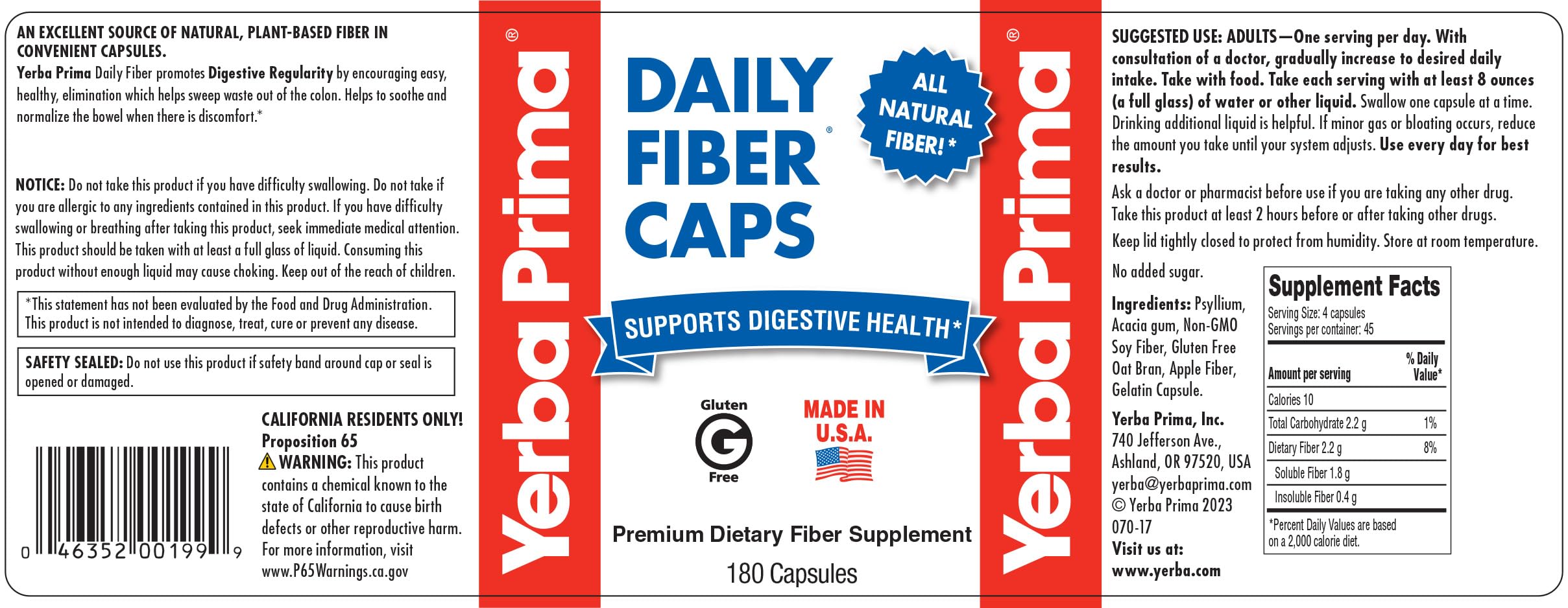 Ingredients list for Yerba Prima Daily Fiber Formula includes psyllium husks and oat bran