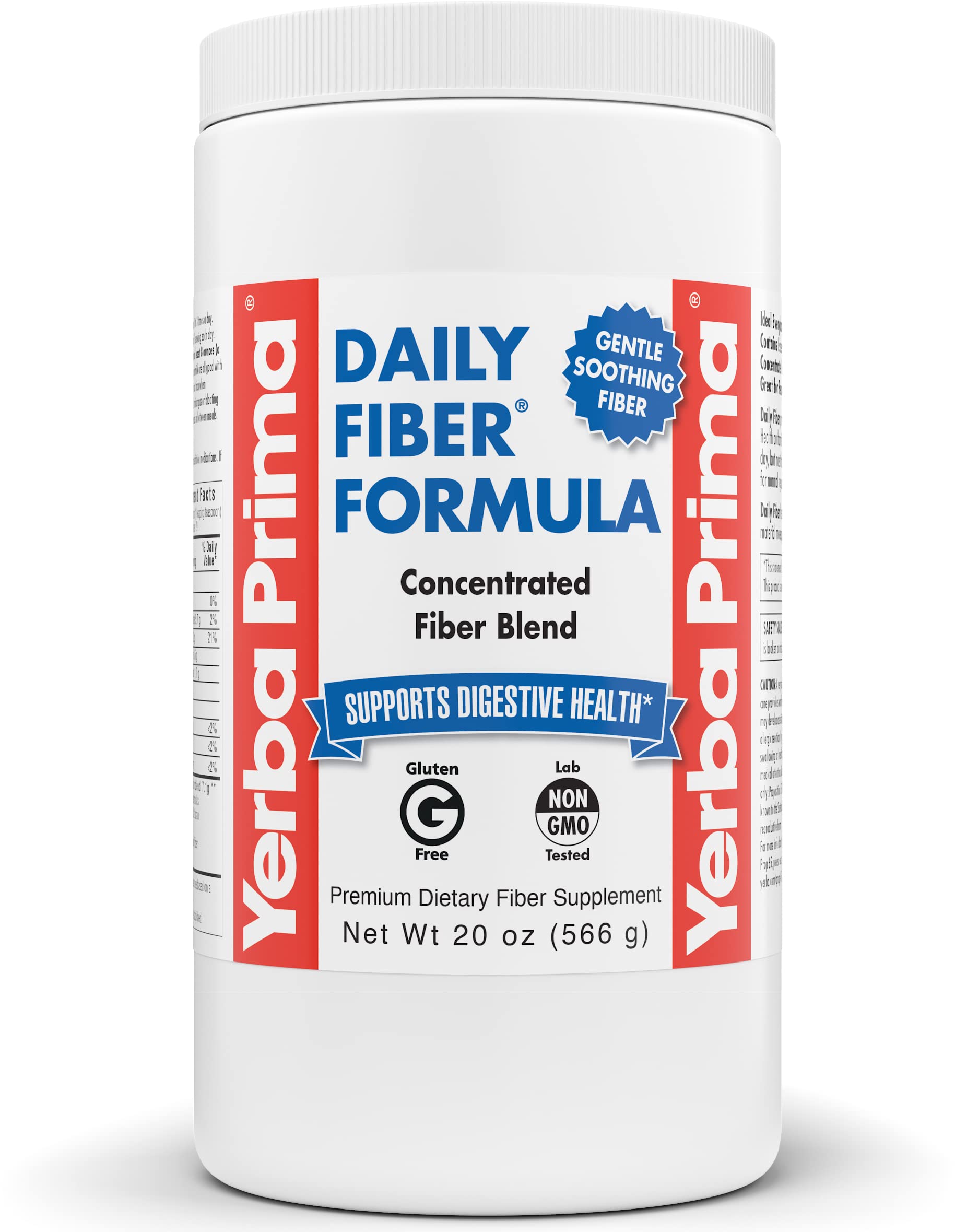 Yerba Prima Daily Fiber Formula powder bottle for steady daily intake.
