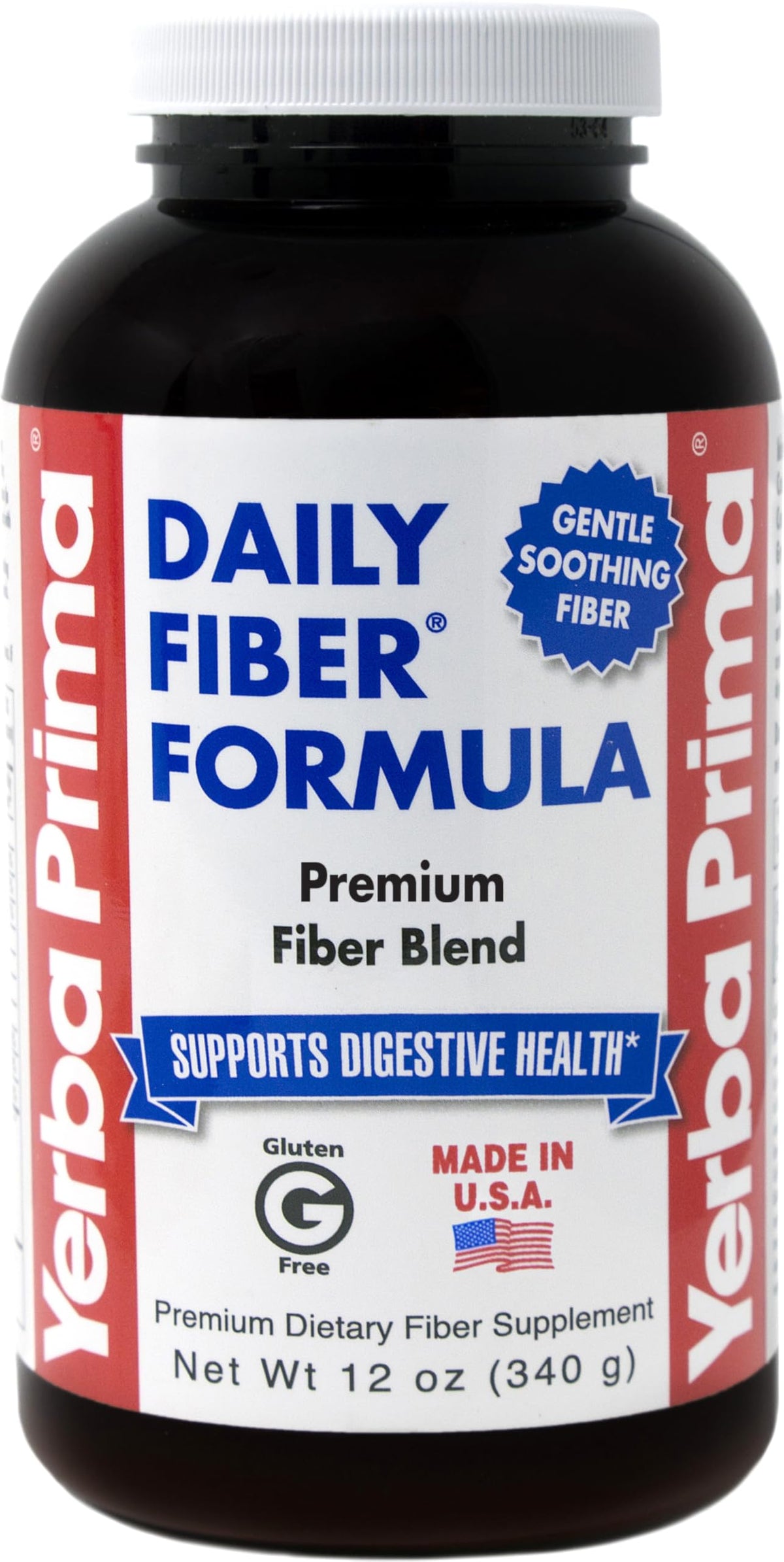 Yerba Prima Daily Fiber Formula Powder bottle on kitchen counter for daily regularity support.
