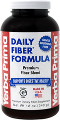 Yerba Prima Daily Fiber Formula Powder bottle on kitchen counter for daily regularity support.