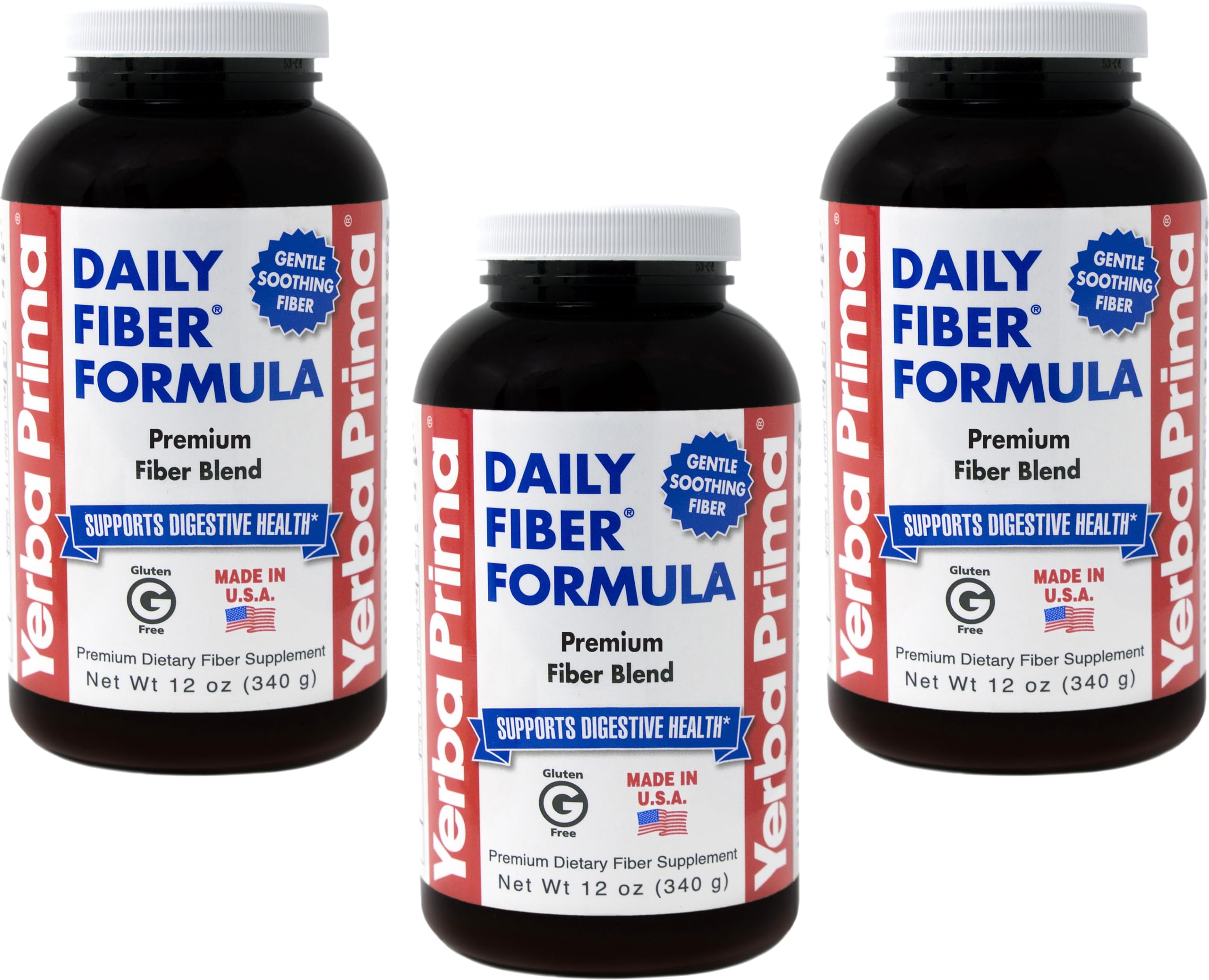 Yerba Prima Daily Fiber Formula powder container shows soluble and insoluble fiber blend for digestion