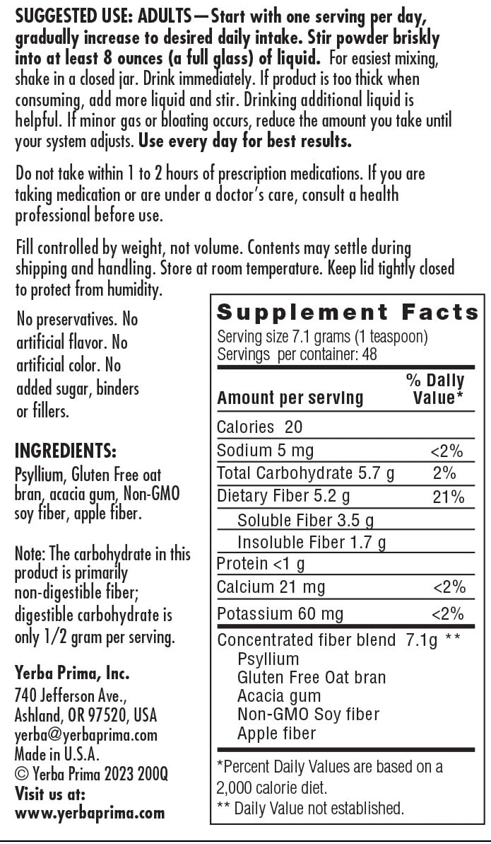 Label highlights five fiber types and no artificial ingredients on Yerba Prima bottle.