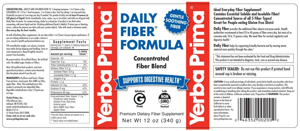 Yerba Prima Daily Fiber Formula powder with scoop demonstrates daily use for regularity support