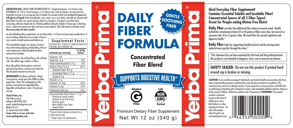 Yerba Prima Daily Fiber Formula powder with scoop demonstrates daily use for regularity support