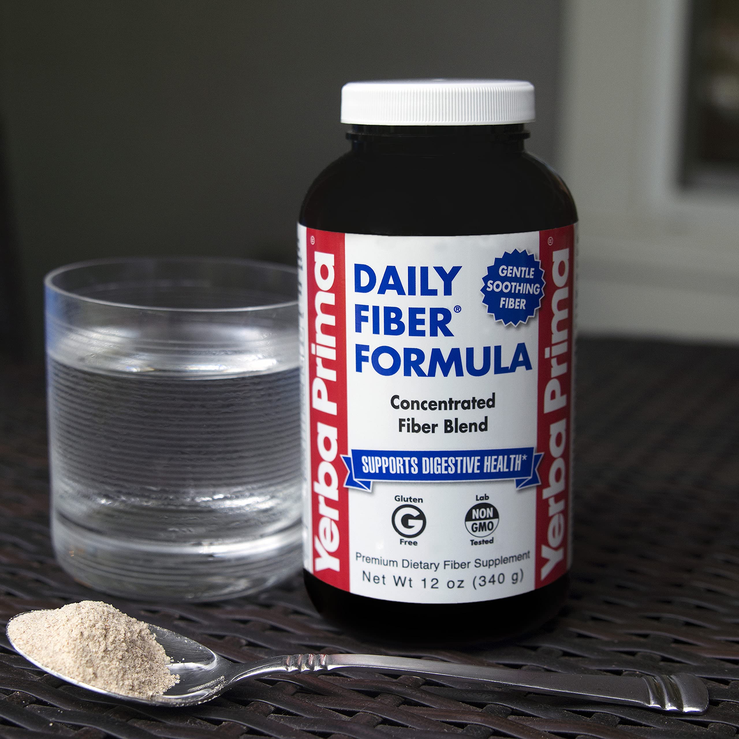 Yerba Prima Daily Fiber Powder measuring cup ready for daily use.