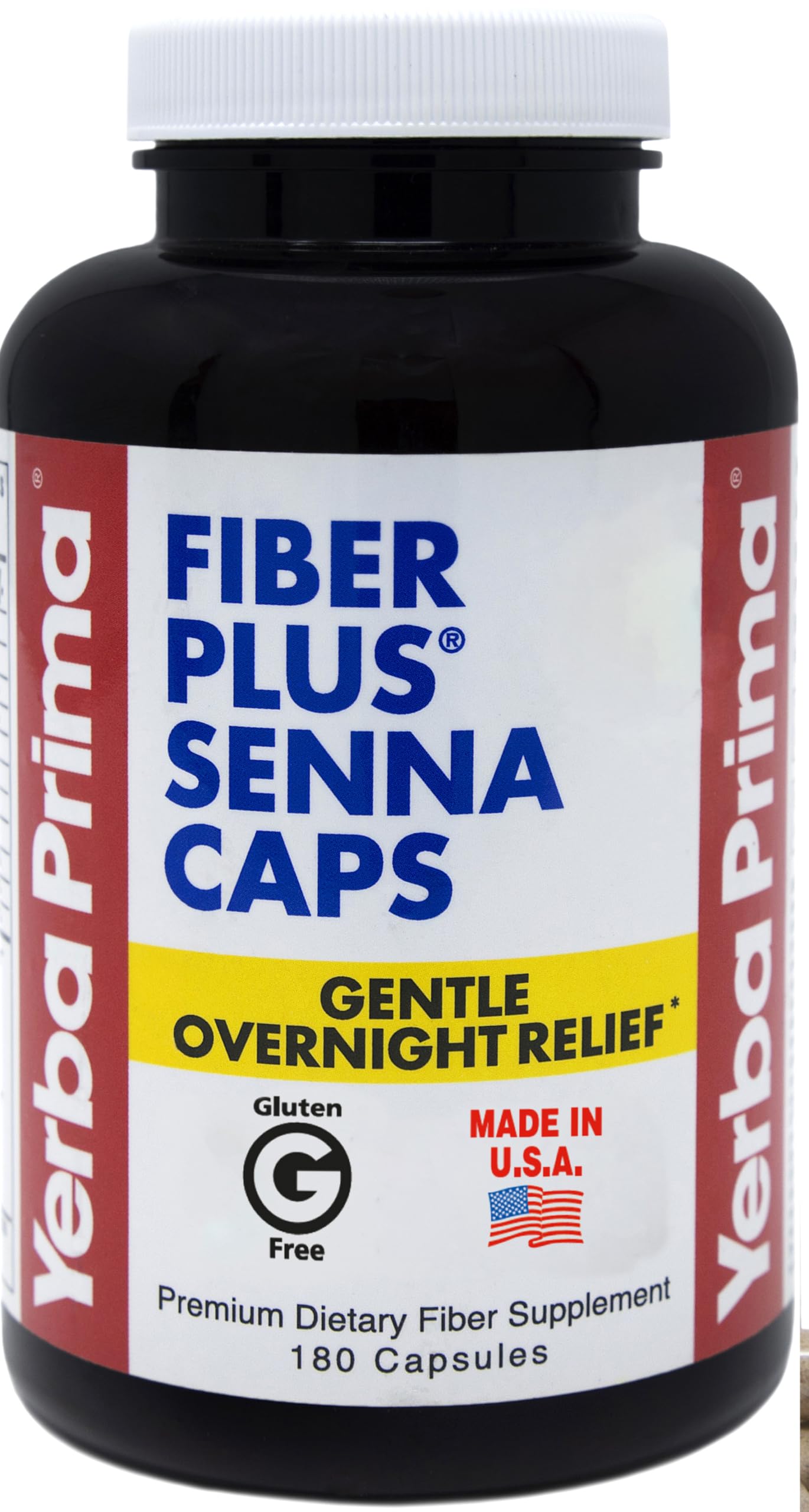 Yerba Prima Fiber Plus Senna bottle shows USA-made formula for gentle overnight relief.