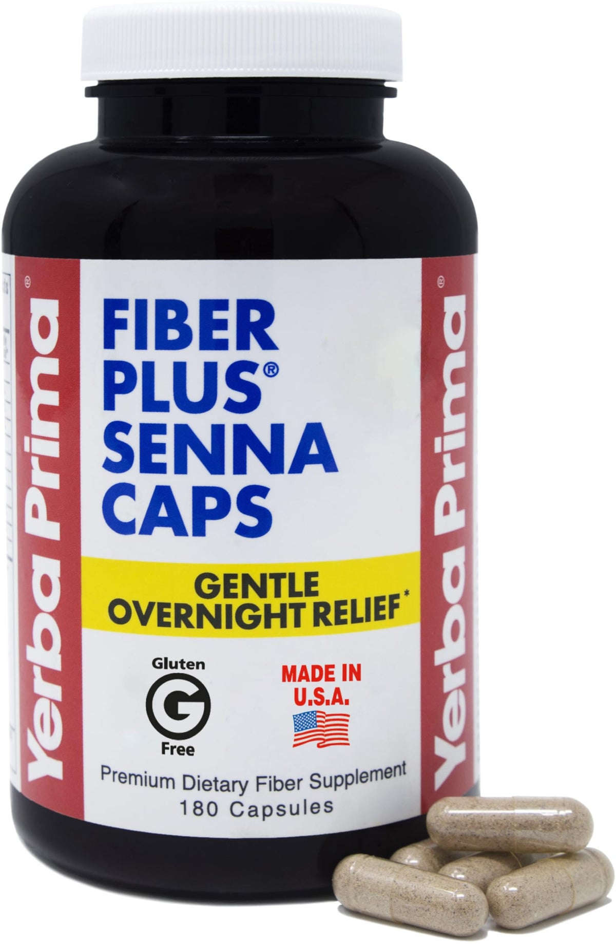 Yerba Prima Fiber Plus Senna capsules bottle shown for convenient overnight relief.