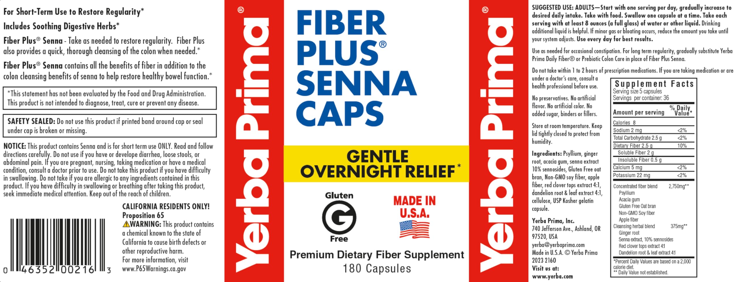 Yerba Prima Fiber Plus Senna label closeup highlighting trusted USA-made formula.