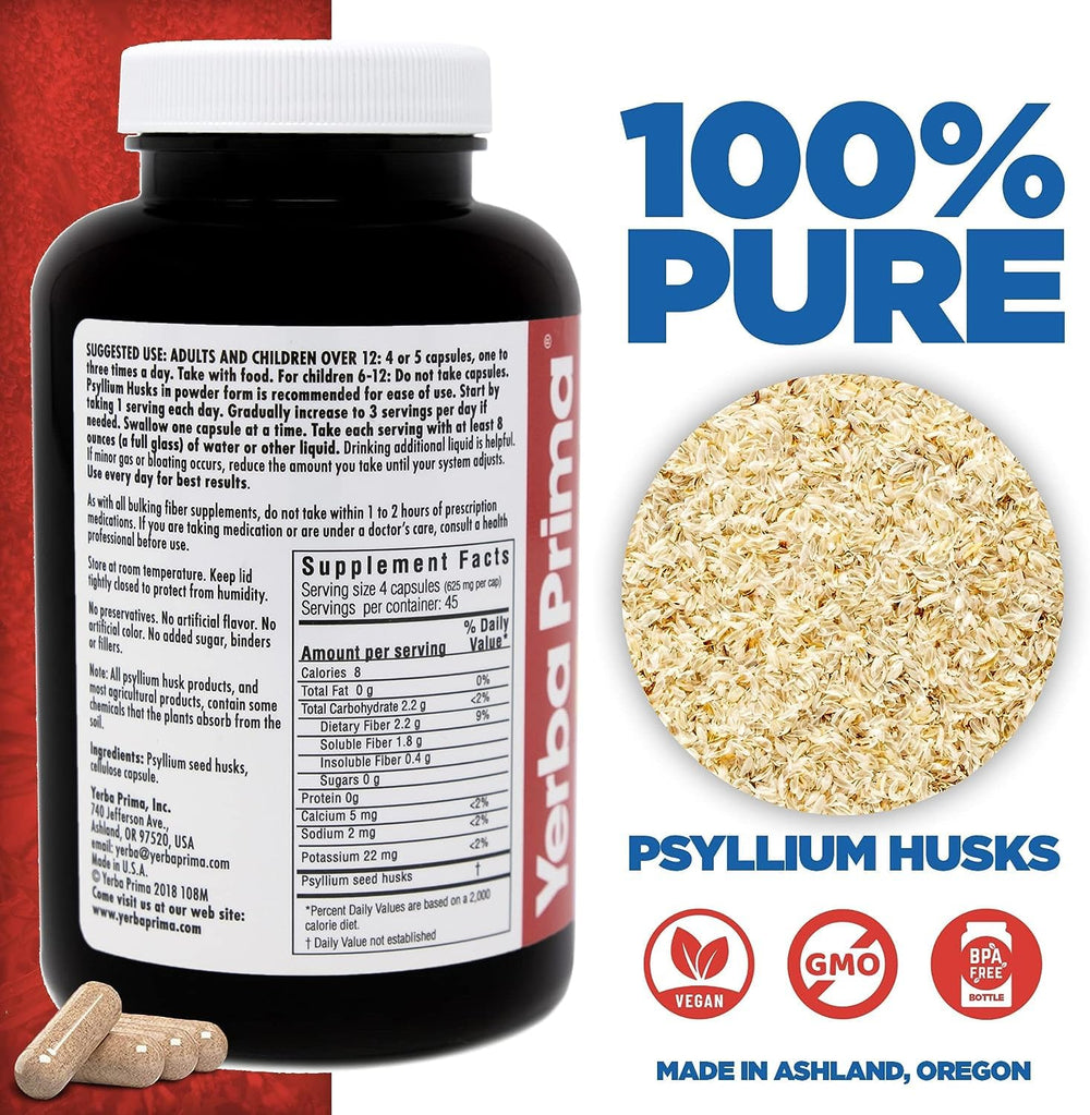 Yerba Prima Psyllium Husks capsules close-up indicating convenient daily fiber
