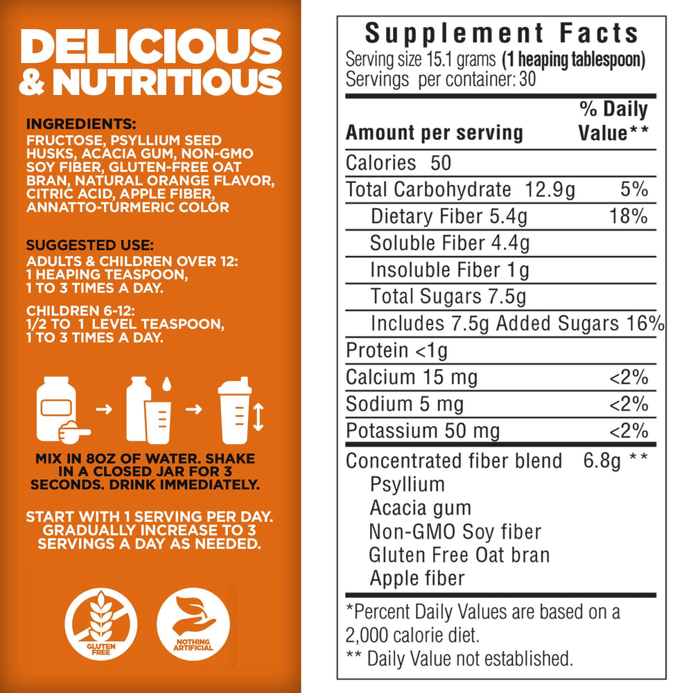 Ingredient types highlight on Yerba Prima Orange Daily Fiber packaging.