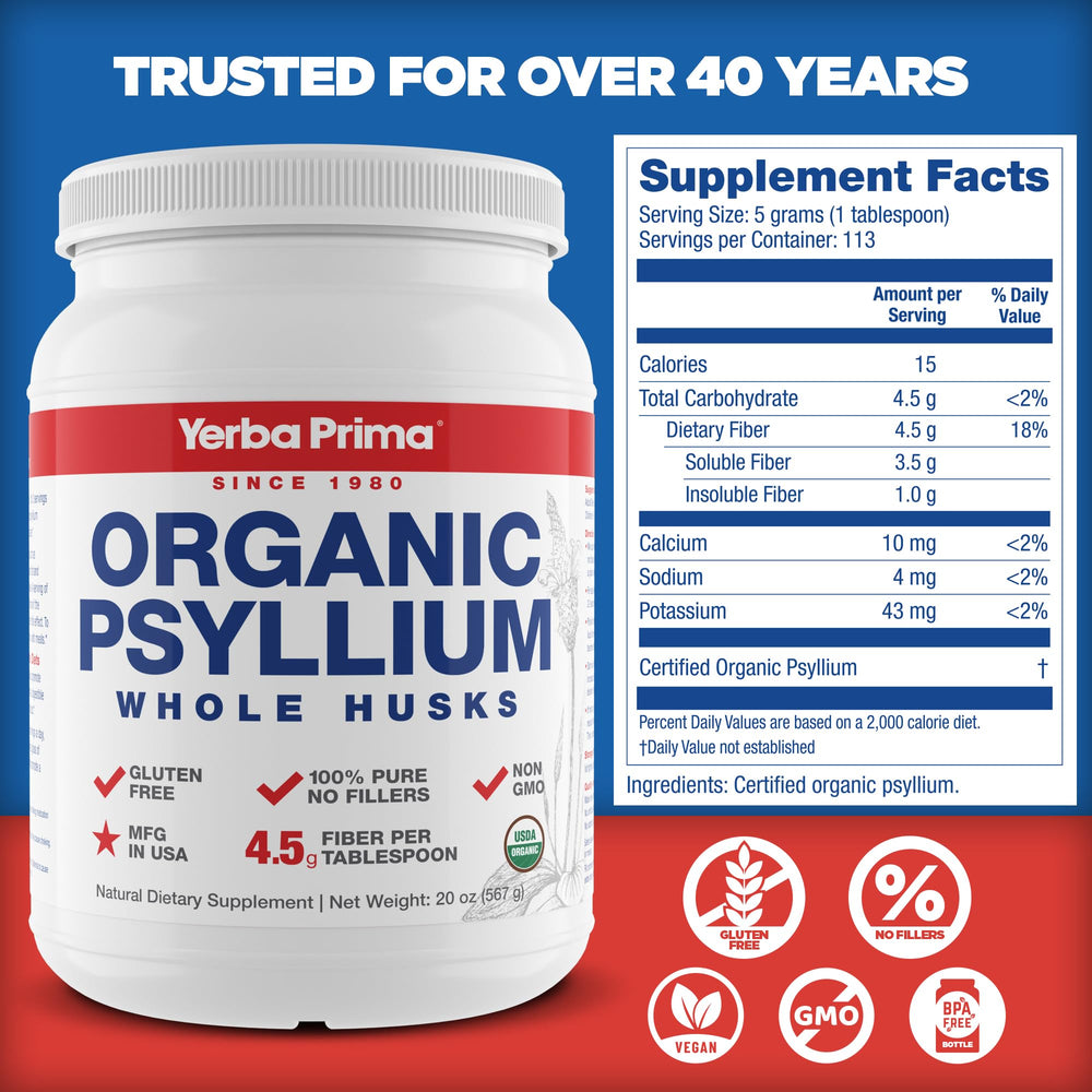 Yerba Prima Organic Psyllium Husks nutrition label emphasizes high fiber per tablespoon.
